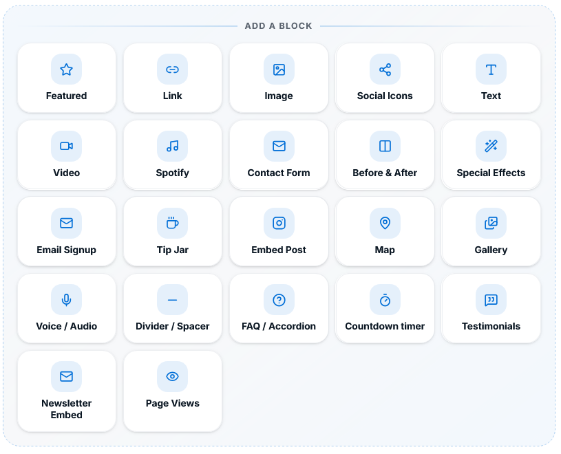 TinyBio blocks: featured, link, image, social, text, video, music, contact form, before/after, special effects, email signup, tip jar, embed, map, gallery, audio, divider, FAQ, countdown, testimonials, page views