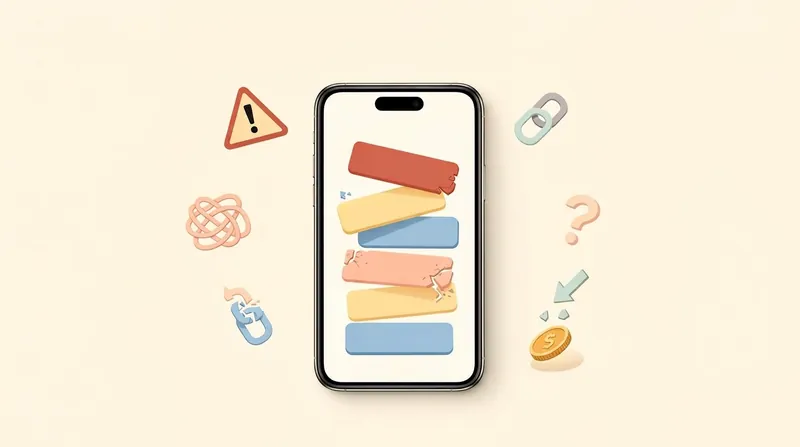 Soft pastel illustration of a smartphone showing a broken link-in-bio page with red warning triangles, a leaky bucket of coins, and tangled chains around it
