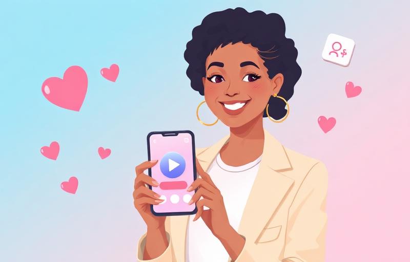 Smiling content creator holding a phone showing a colorful TinyBio link-in-bio profile with floating heart and follower icons