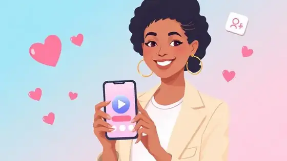 Smiling content creator holding a phone showing a colorful TinyBio link-in-bio profile with floating heart and follower icons