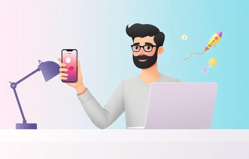 Young entrepreneur at a clean desk holding a phone showing a colorful TinyBio profile with rocket, lightbulb, and growth chart icons floating around