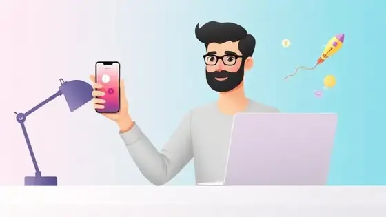Young entrepreneur at a clean desk holding a phone showing a colorful TinyBio profile with rocket, lightbulb, and growth chart icons floating around