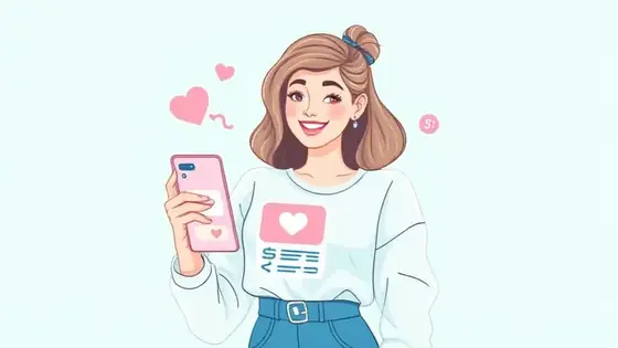Soft pastel illustration of a smiling influencer holding a phone showing a colorful TinyBio link-in-bio page with floating heart and dollar coin icons