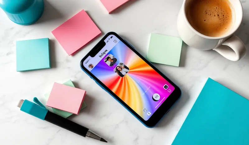 iPhone showing an Instagram profile on a bright, minimal desk with pastel notes and coffee