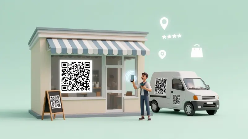 Friendly flat illustration of a small storefront with QR codes on the window, a delivery truck with a QR code on the side, a flyer and door sticker also showing QR codes, and a customer scanning one with their phone