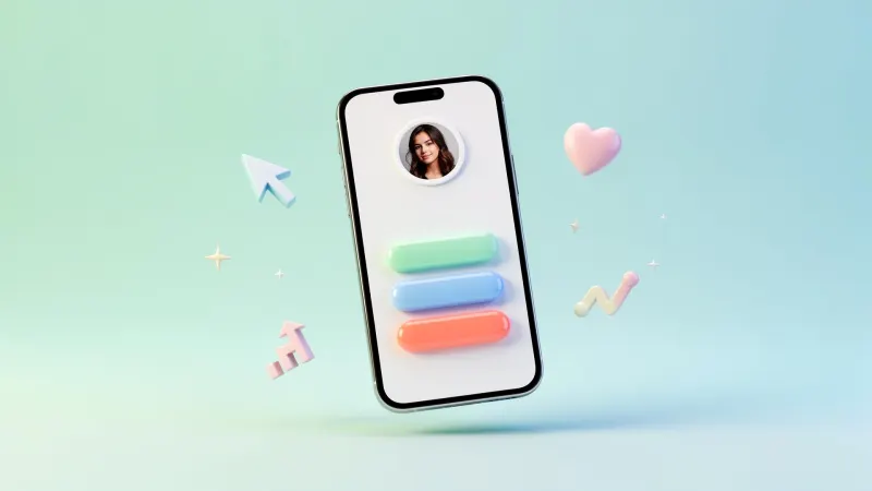 Smartphone displaying a colorful link-in-bio profile with glowing buttons, surrounded by floating click cursors, sparkles, and upward arrows on a soft pastel background