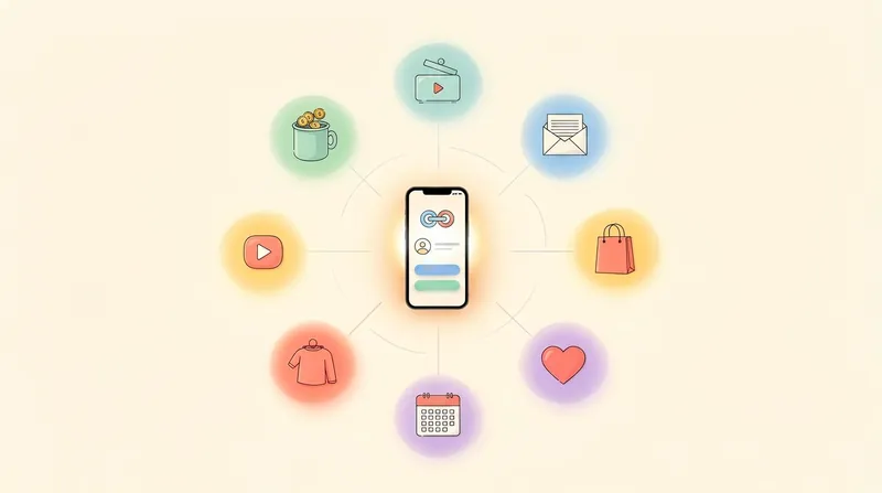 Soft pastel illustration of a glowing center link splitting into multiple golden streams flowing into a tip jar, storefront, course play button, newsletter envelope, and affiliate tag