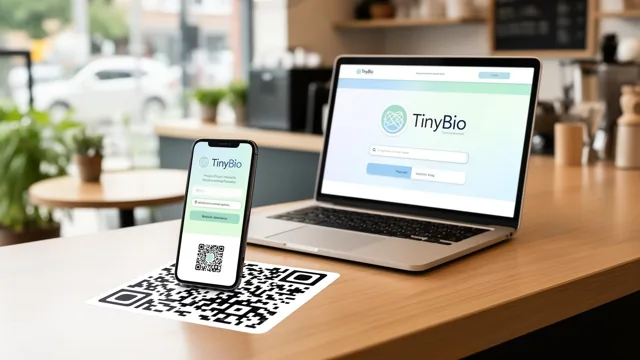 Phone scanning a printed QR code on a small business counter beside a laptop showing a clean TinyBio page