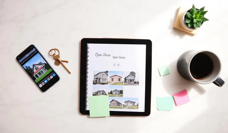Realtor's desk with a phone showing a property listing, brass house keys, a tablet with home thumbnails, and pastel notes