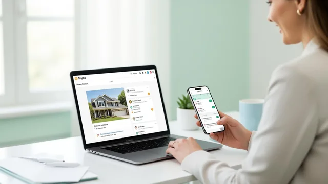 Realtor at a bright desk reviewing property leads on a laptop and phone with a clean real estate bio page open