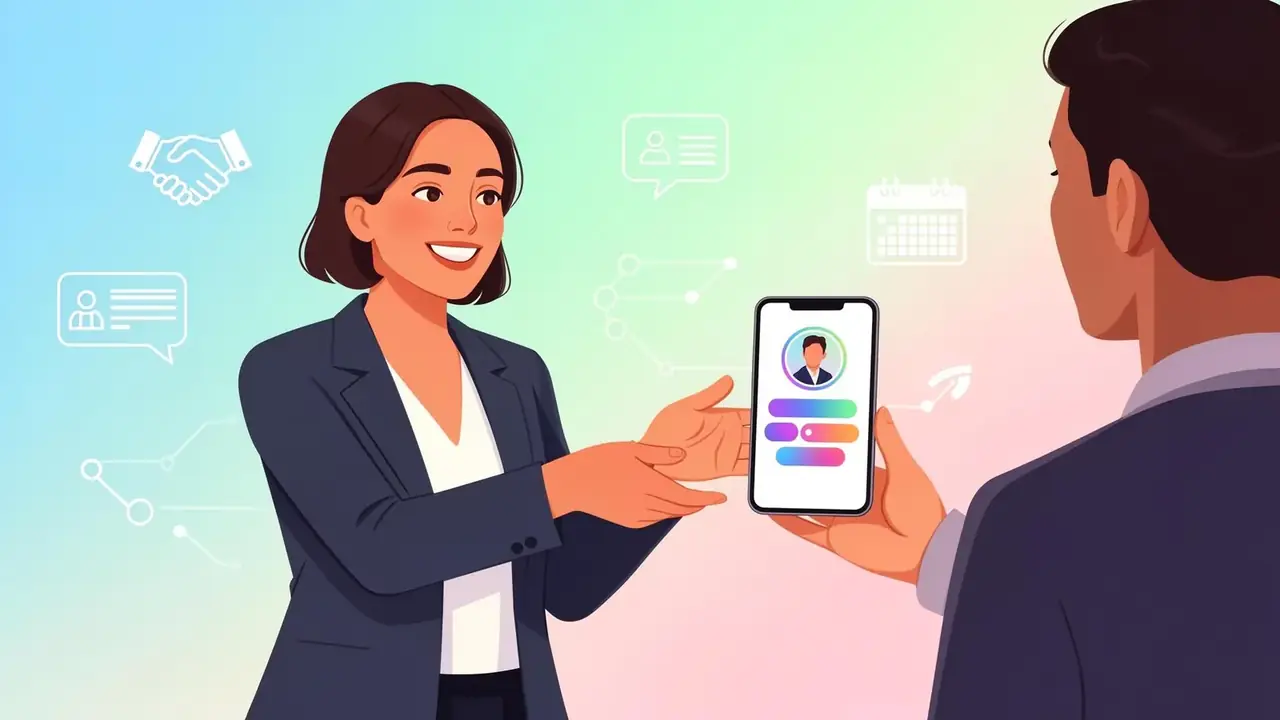 Smiling salesperson in a blazer sharing a smartphone showing a colorful TinyBio profile with handshake, contact card, and calendar icons floating around