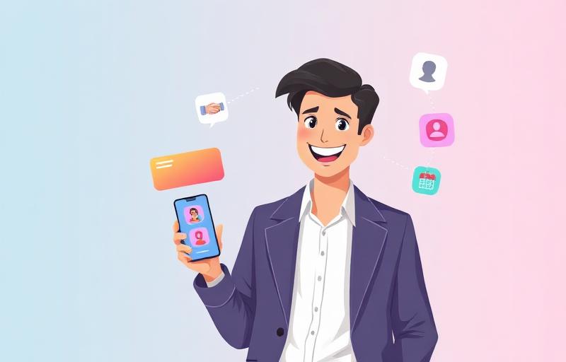 Smiling salesperson in a blazer sharing a smartphone showing a colorful TinyBio profile with handshake, contact card, and calendar icons floating around