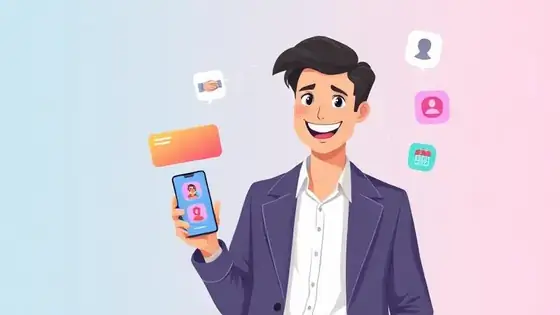 Smiling salesperson in a blazer sharing a smartphone showing a colorful TinyBio profile with handshake, contact card, and calendar icons floating around