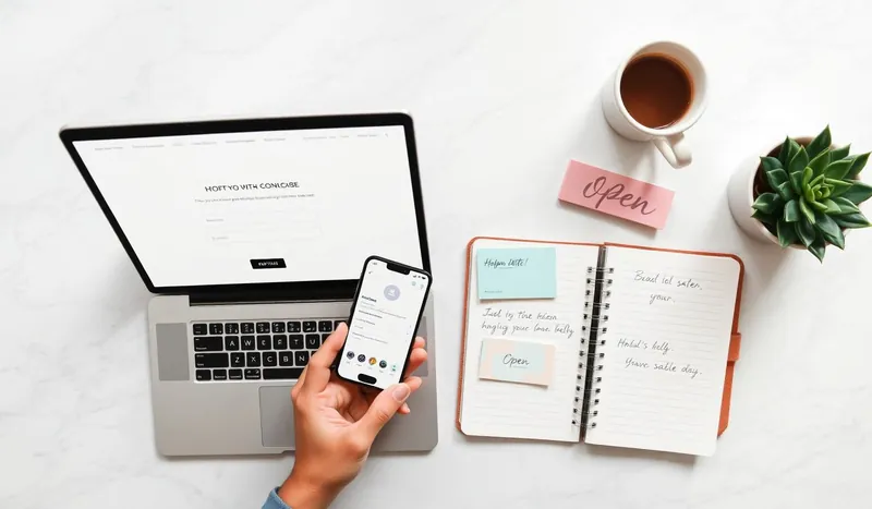 Small business owner's desk with a laptop showing a contact form, smartphone, notebook, and pastel sticky notes