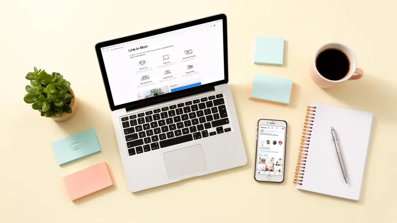 Small business owner's clean desk from above with a laptop showing a link in bio page, smartphone showing an Instagram profile, business cards, plant, and pastel sticky notes