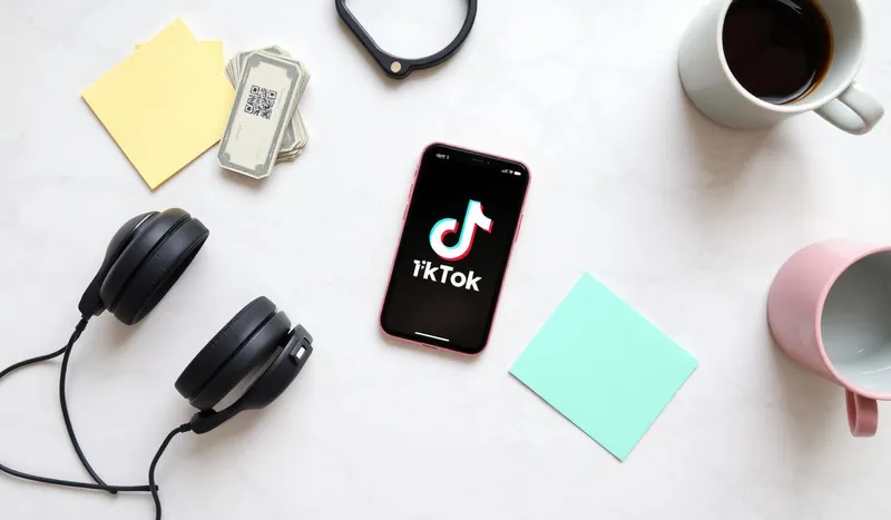 iPhone showing TikTok app on a bright marble desk with cash, headphones, and pastel sticky notes
