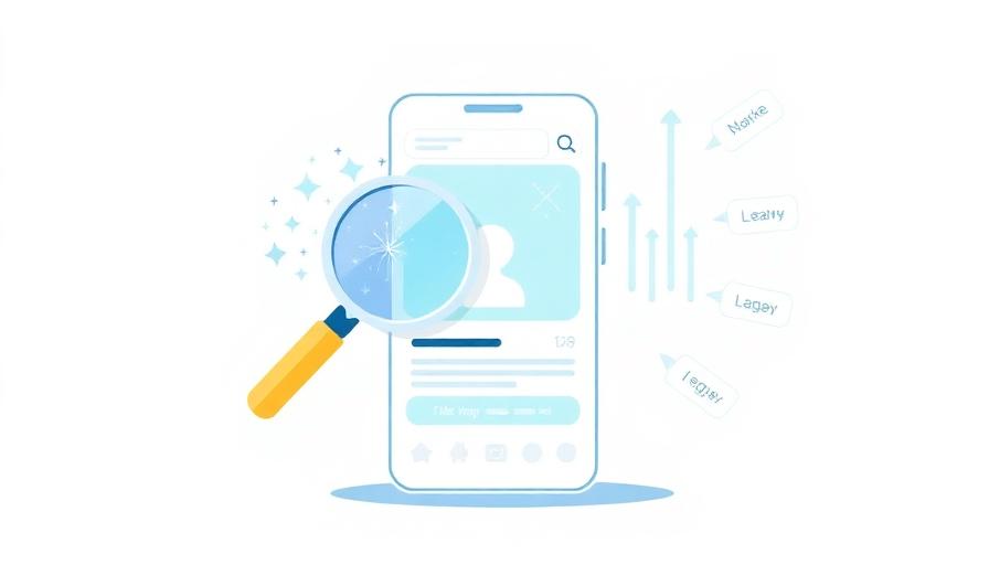 Pastel illustration of a smartphone showing a bio link page with a glowing magnifying glass, a search bar, upward-trending arrows, and floating keyword tags