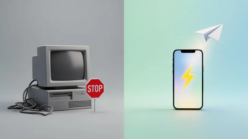 Side-by-side flat illustration comparing a slow, heavy desktop website with a stop sign and tangled cables versus a fast smartphone bio link page with a glowing lightning bolt and flying email envelope