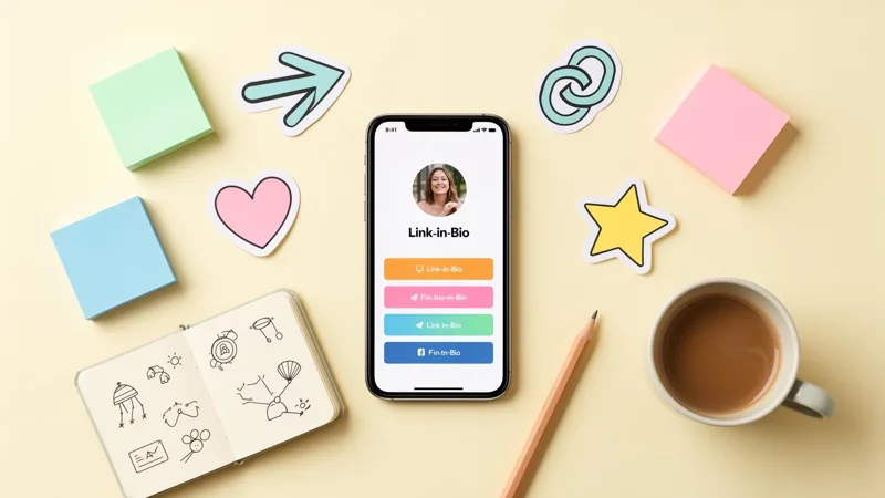 Smartphone showing a colorful link in bio page surrounded by pastel sticky notes, sticker icons, a notebook, and a coffee cup on a soft cream desk