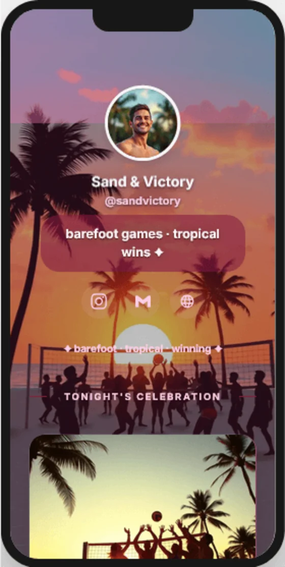 TinyBio.me example — Sand & Victory tropical beach volleyball link-in-bio mini website