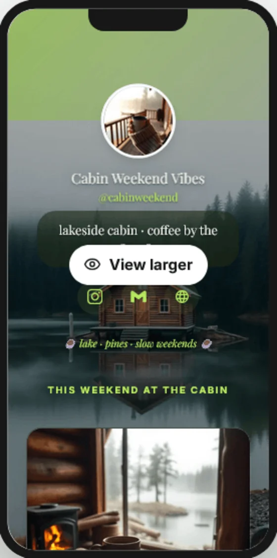 TinyBio.me example — Cabin Weekend Vibes lakeside cabin link-in-bio mini website